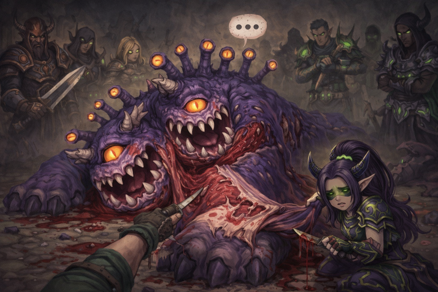 Raid members carve up Blinky after a kill while Kivara looks miserable beside the body.