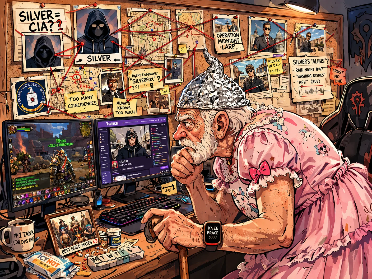 Rhox studies a corkboard of red-string theories about Silver while wearing a foil hat and a pink floral nightgown.