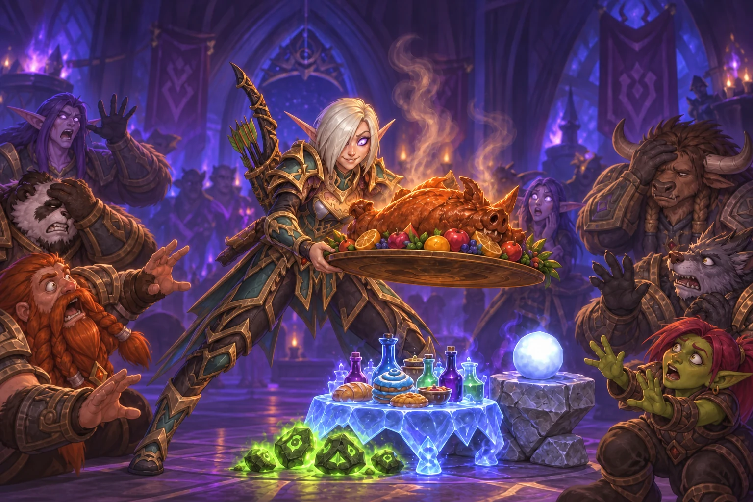 Kivara tries to lower a raid feast onto a conjured mage table, glowing healthstones, and a stone murloc toy while the raid tries to stop her.