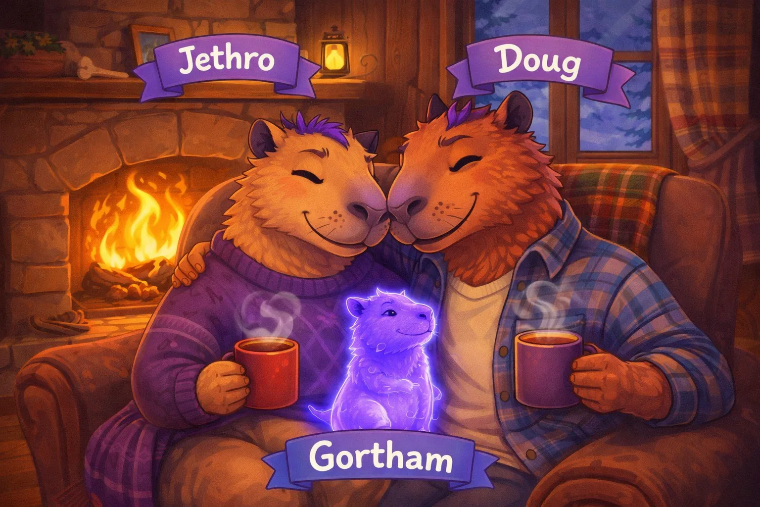 Jethro and Doug cuddled beside a fireplace with spirit capybara Gortham glowing between them.